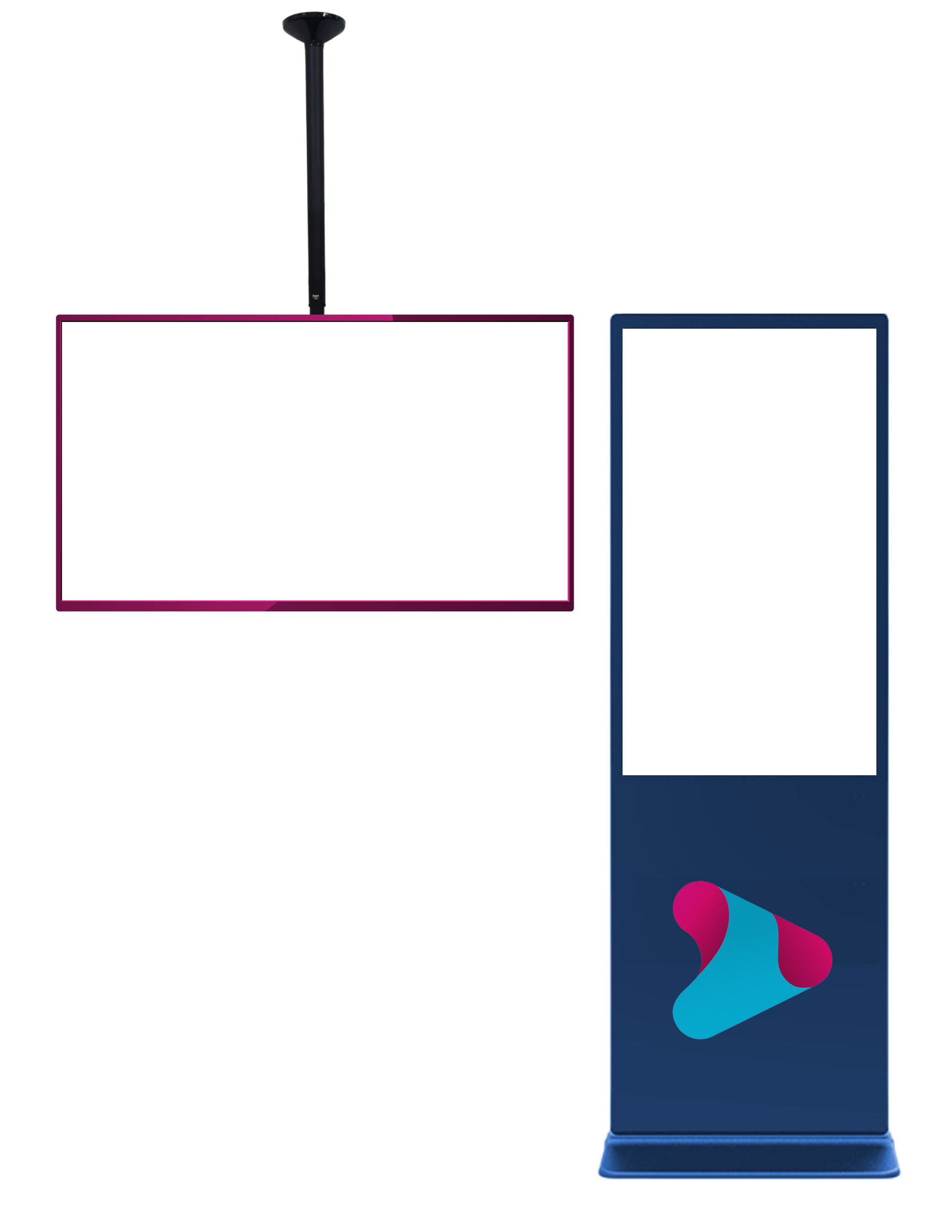 Estrutura ilustrada de uma TV suspensa e um totem digital